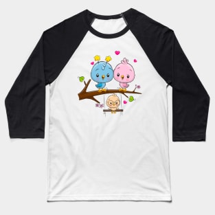 A cute family of birds on a branch. Baseball T-Shirt